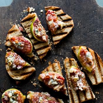 Baked Fig with Bacon, Cheese, Pecans on Bruschetta