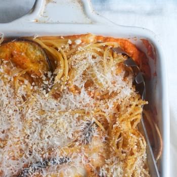 Baking Sheet Spaghetti with Roasted Peppers & Eggplant