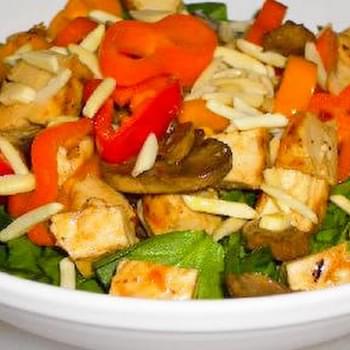Asian Spinach Salad with Chicken, Mushrooms, Peppers, and Almonds