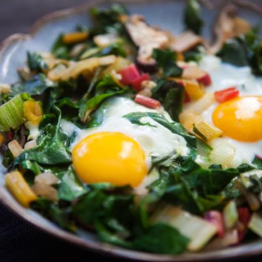 Eggs Nested in Sautéed Chard and Mushrooms