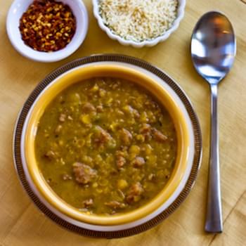 Spicy Yellow Split Pea Soup with Italian Sausage and Green Pepper