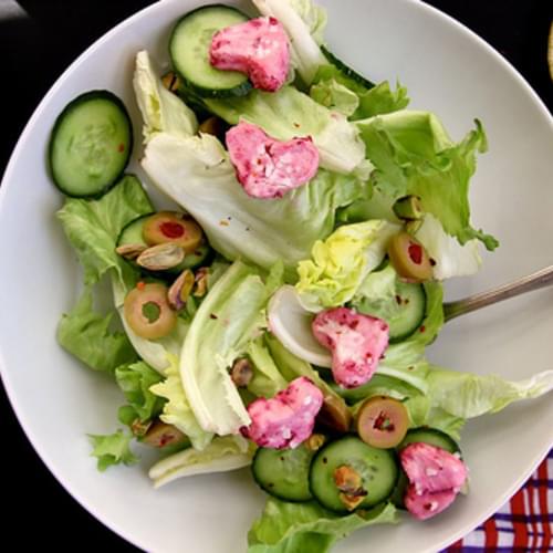 Green Salad with Pink Goat Cheese Hearts