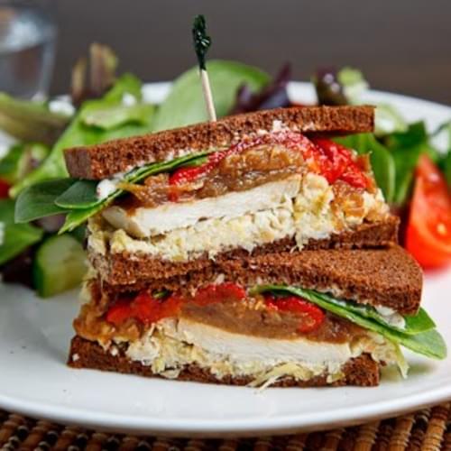 Roast Turkey Sandwich with Artichoke Tapenade, Caramelized Onions and Roasted Red Peppers