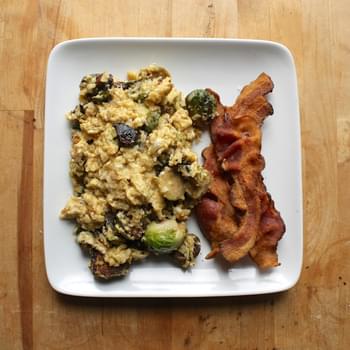 Parmesan Brussels Sprout Scrambled Eggs with Bacon