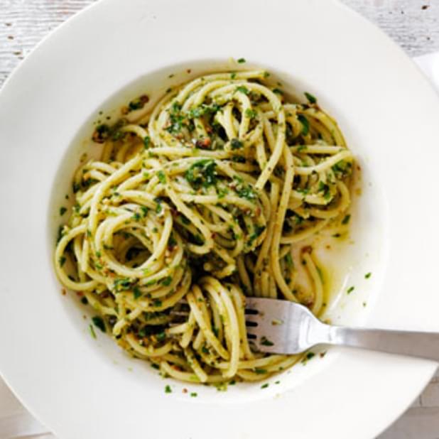 Spaghetti With Quick Watercress, Spinach And Rocket Pesto