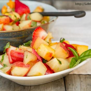 Peach, Nectarine, and Strawberry Fruit Salad with Lime Honey Basil Syrup