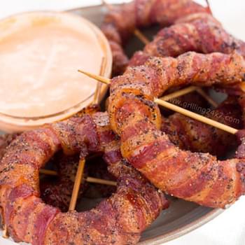Bacon Wrapped Onion Rings with Sriracha Mayo Dipping Sauce