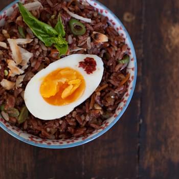 Red Rice Salad with Boiled Eggs and Macadamias