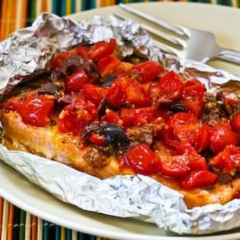 Grilled Salmon Packets with Tomatoes, Olives, Garlic, Thyme, and Saffron