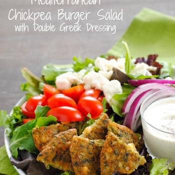 Mediterranean Chickpea Burger Salad with Double Greek Dressing
