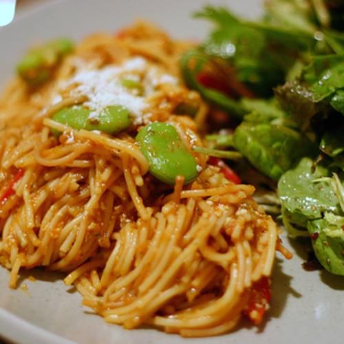 Fideos with Favas, Red Peppers and Black Olives