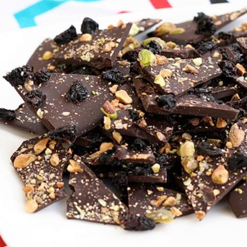 Dark Chocolate Bark with Pistachios Dried Bing Cherries and Grey Sea Salt