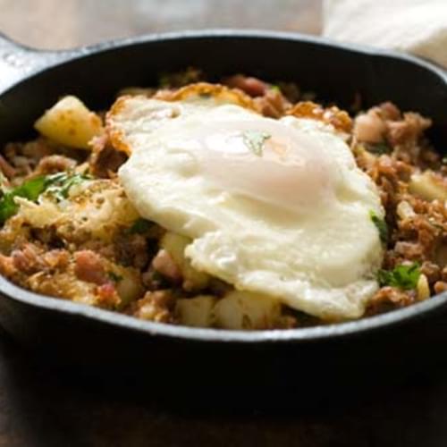 Corned beef hash with chipotle chiles and Irish bacon