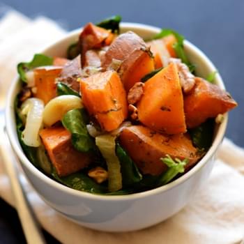 Dill Roasted Sweet Potatoes + Warm Spinach Salad