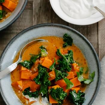 Sweet Potato and Kale Coconut Curry Soup