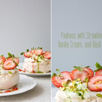 Pavlovas with Strawberries, Vanilla Cream, and Basil Coulis