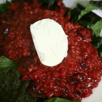 Red Beet Risotto with Mustard Greens and Goat Cheese