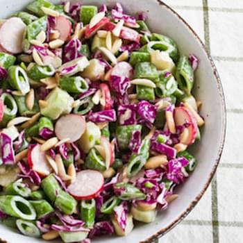 Asian Chopped Salad with Broccoli Stems, Sugar Snap Peas, Radishes, Red Cabbage, and Almonds