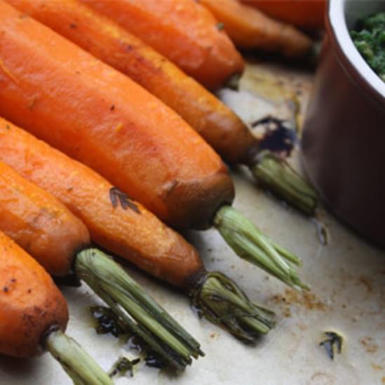 Roasted Baby Carrots with Almond-Carrot Top Pesto