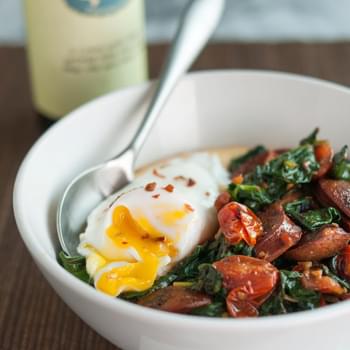 Polenta Bowl with Garlicky Spinach, Chicken Sausage & Poached Egg