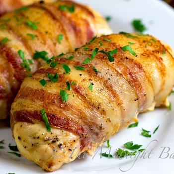 Bacon Wrapped Cheese & Mushroom Stuffed Chicken