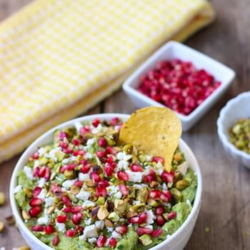 Guacamole with Feta, Pistachios, and Pomegranate Seeds