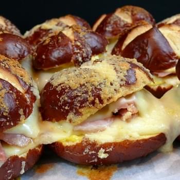 Ham and Havarti Sliders on Parmesan-Butter Topped Pretzel Buns