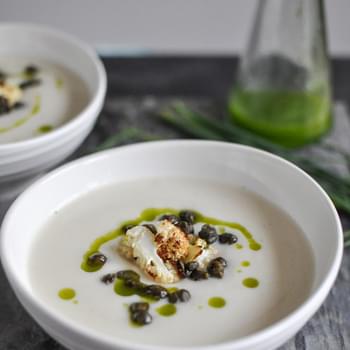 Creamy Cauliflower Soup with Crispy Capers and Chive Oil