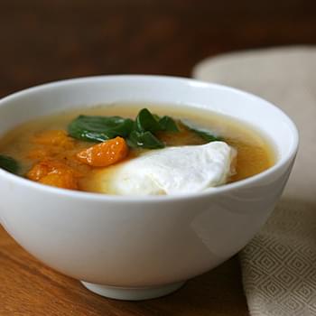 Miso Soup With Butternut Squash, Poached Eggs, & Spinach