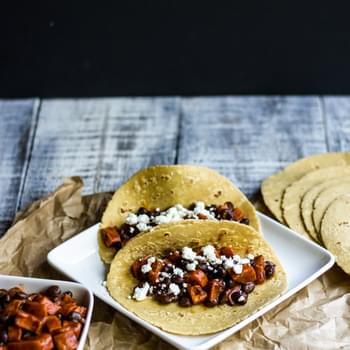 Roasted Sweet Potato and Black Bean Tacos with Goat Cheese