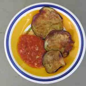 Fried Eggplant with Garlicky Tomato-Vinegar Sauce (Tiganites Melitzanes me Skordo kai Ntomata)