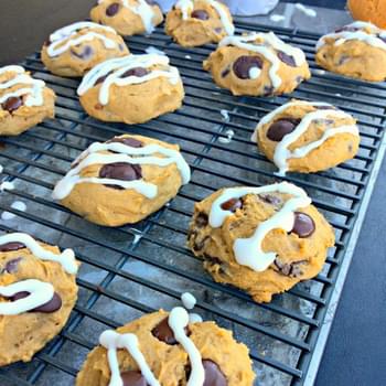 Dark Chocolate Chip Pumpkin Cookies with Cream Cheese Drizzle