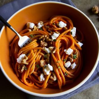 Roasted Pepper Pesto with Toasted Walnuts and Goat Cheese