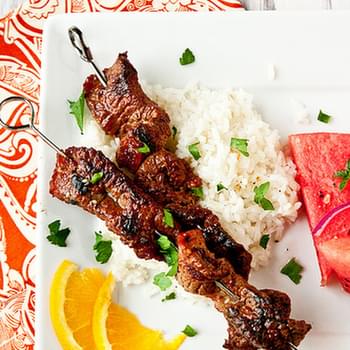 Soy-Marinated Beef Skewers with Cilantro-Lime Sour Cream