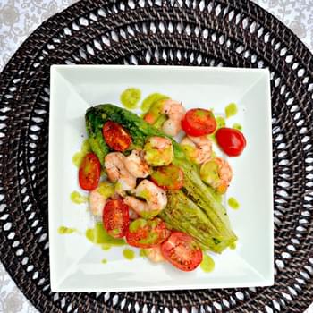 Grilled Romaine Hearts Tomatoes & Shrimp With A Basil Vinaigrette