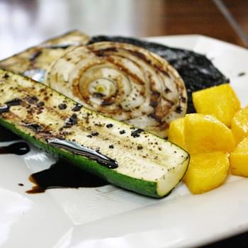 Grilled Vegetables With Polenta Croutons Drizzled With A Balsamic Reduction