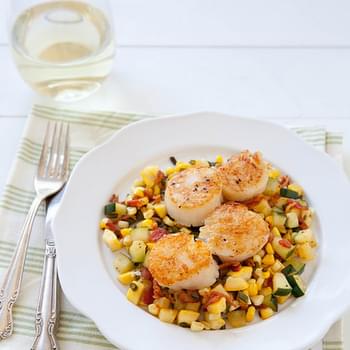 Seared Scallops with Summer Veggie and Bacon Hash