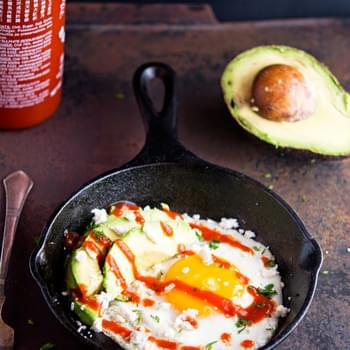 Sunny-Side Up Egg with Avocado, Sriracha and Crumbled Feta