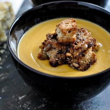 Bourbon Sweet Potato Bisque with Brown Butter Cinnamon Sugar Croutons