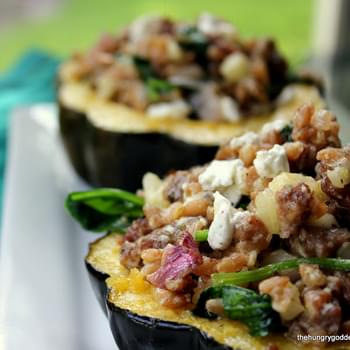 Roasted Acorn Squash Stuffed with Fennel Sausage, Farro, Goat Cheese & Spinach