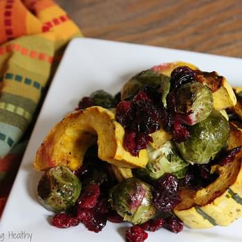 Roasted Brussels Sprouts, Delicata Squash, and Cranberries with Balsamic Syrup