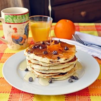 Chocolate Chip Buttermilk Pancakes with Orange Infused Syrup