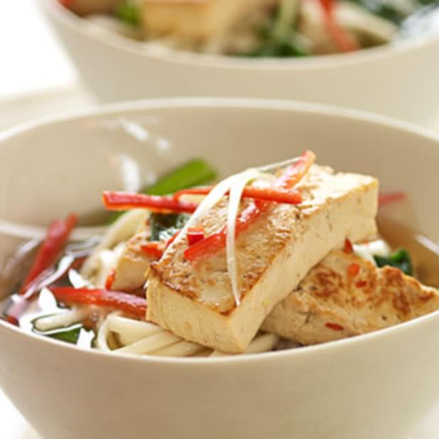 Marinated Tofu With Udon Noodles And Greens