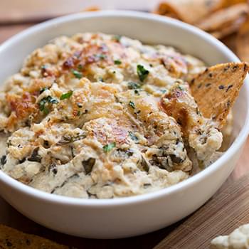 Hot & Cheesy Roasted Cauliflower and Spinach Dip with White Cheddar and Gruyere Cheeses, with Roasted Garlic and a touch of Spice