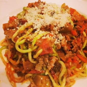 “Spaghetti” with Turkey & Eggplant Bolognese (Zucchini Noodles)