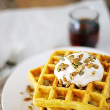 Pumpkin Spice Waffles with Maple Cream and Pepitas