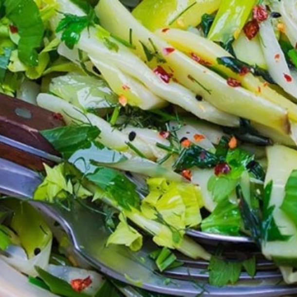 Yellow beans ans celeriac salad with aromatic herbs. Vegetarian recipe.