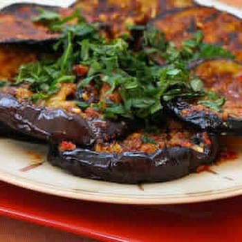Spicy Grilled Eggplant Recipe with Red Pepper, Parsley, and Mint