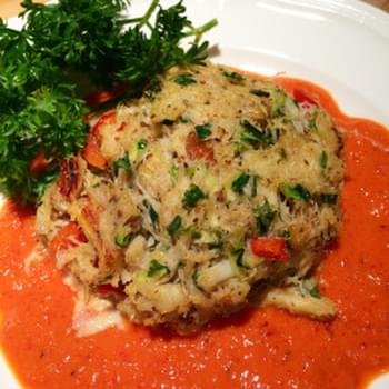 Zucchini Crab Cakes with Red Pepper Sauce