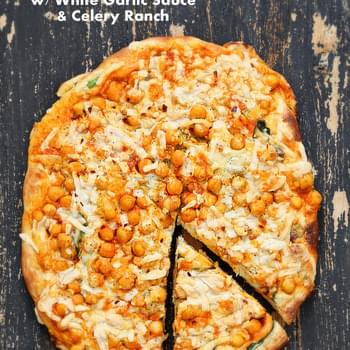 Buffalo Chickpea Pizza with White Garlic sauce and Celery Ranch